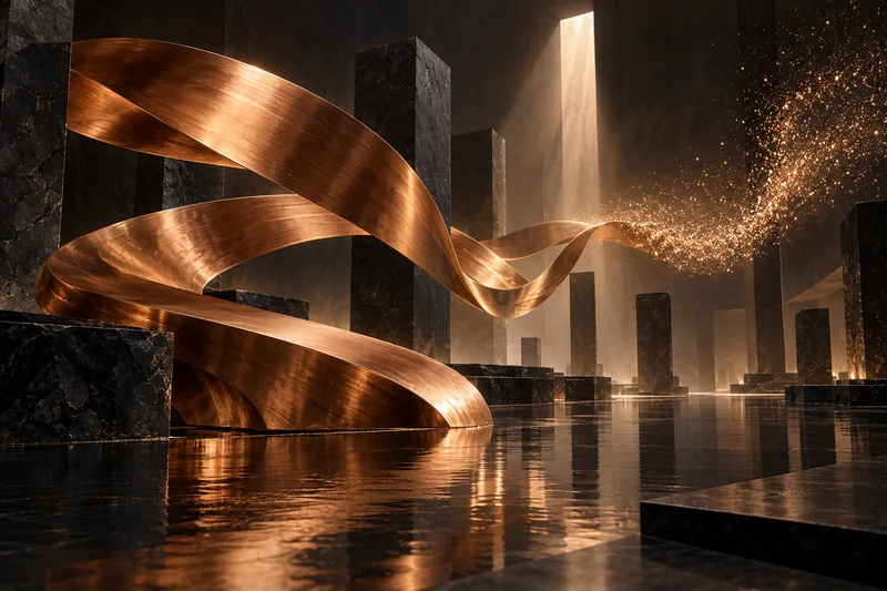 A sculptural copper ribbon in a dark gallery representing human imagination expanded by AI