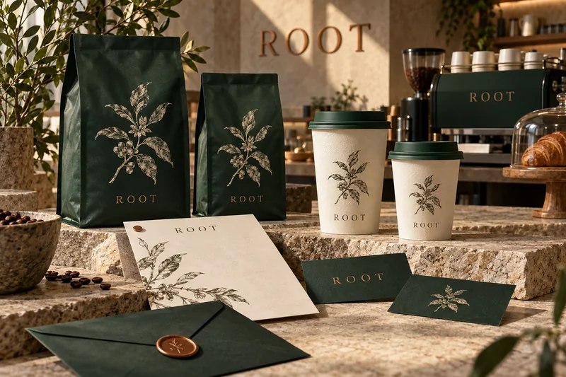 Coffee brand identity with forest green packaging and cream printed stationery