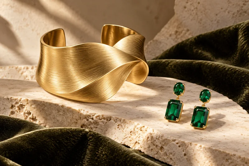 A brushed gold cuff and emerald earrings on cream stone and olive velvet