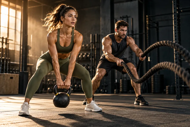 A fitness studio social campaign with athletes training in a dramatic gym