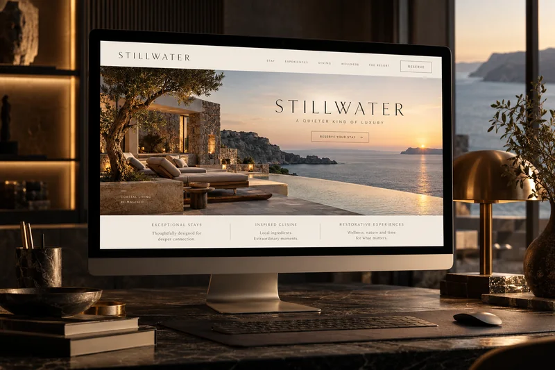 A boutique hotel website concept displayed on a desktop monitor