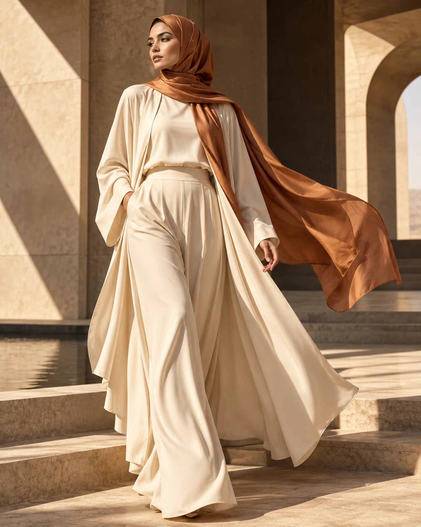 A cream and copper fashion editorial in sunlit stone architecture