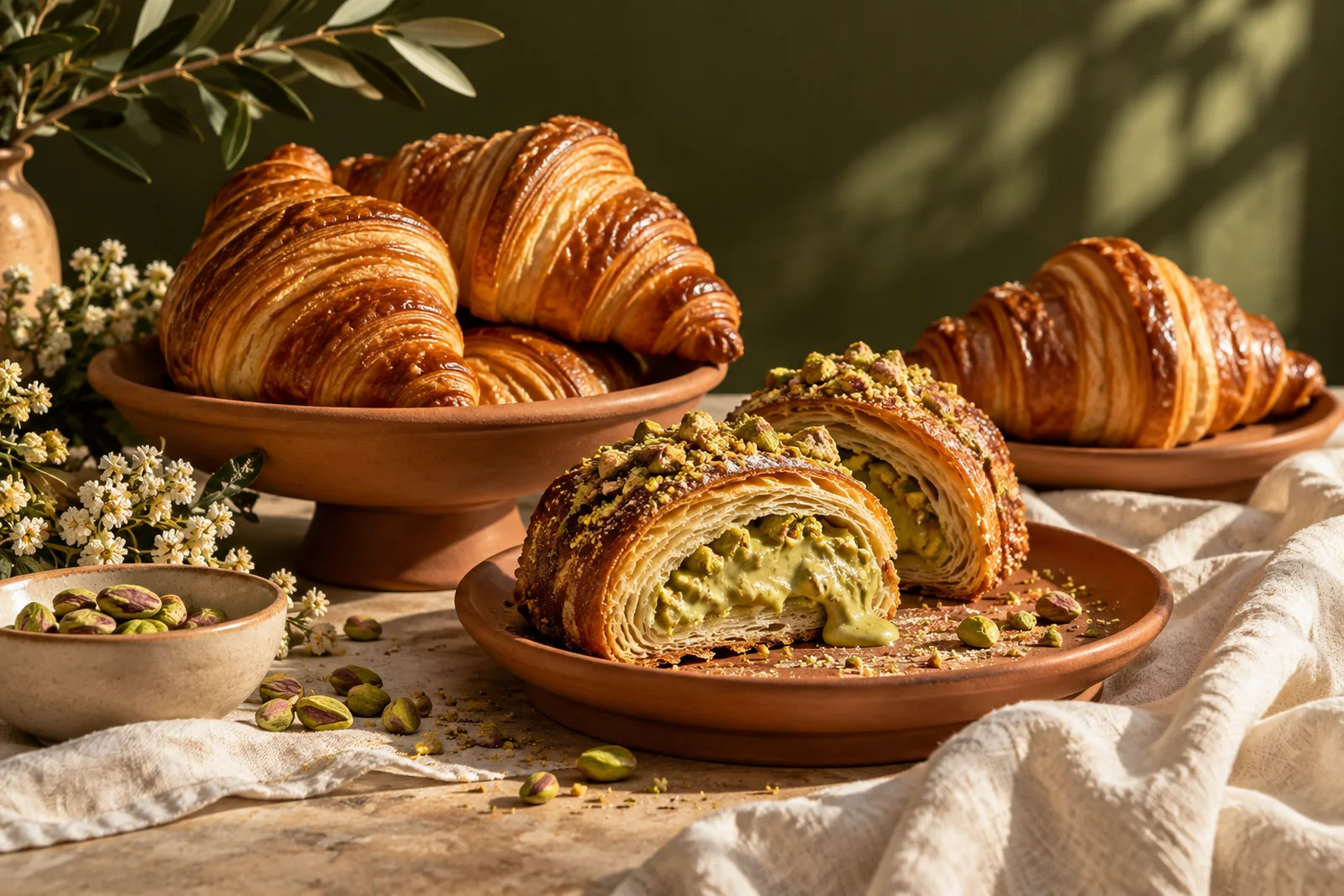 Artisanal croissants and pistachio pastries styled for a bakery campaign